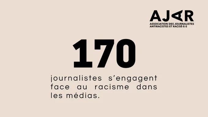 image avec un texte indiquant : 170 journalistes s'engagent face au racisme dans les médias.