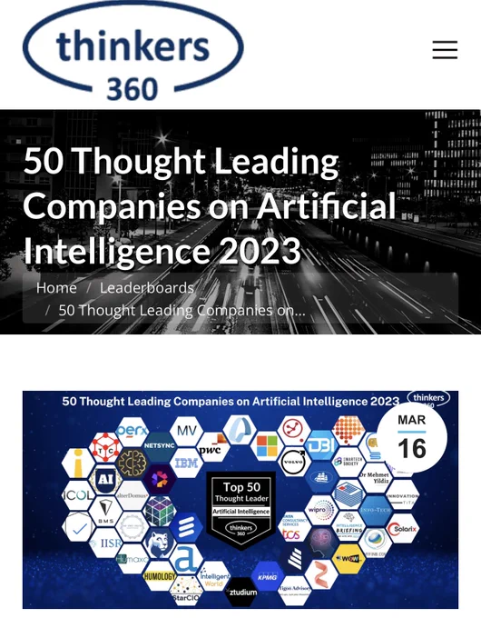 Honored humbled to see 
@ztudium 
the business I created 
being listed as a 
Global Top 50 #ThoughtLeading #Companies 
in #ArtificialIntelligence 2023
by @thinkers360 
Together with the likes of 
@IBM 
@PwC 
@VolvoGroup 
@Microsoft