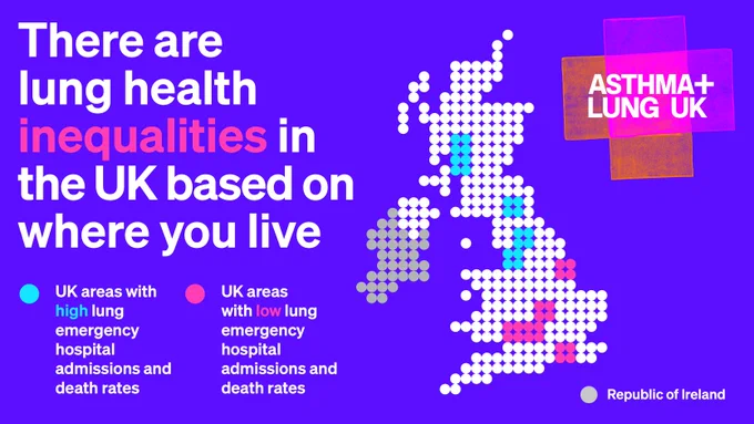 There is a map of the UK with the areas which have high lung emergency hospital admissions and death rates. These include Knowsley, Inverclyde, Salford, North Ayrshire and Blackburn and Darwen. On the map are also the UK areas with low lung emergency hospital admissions and death rates. These include York, Bracknell Forest, Barnet, Kensington and Chelsea and West Sussex.
