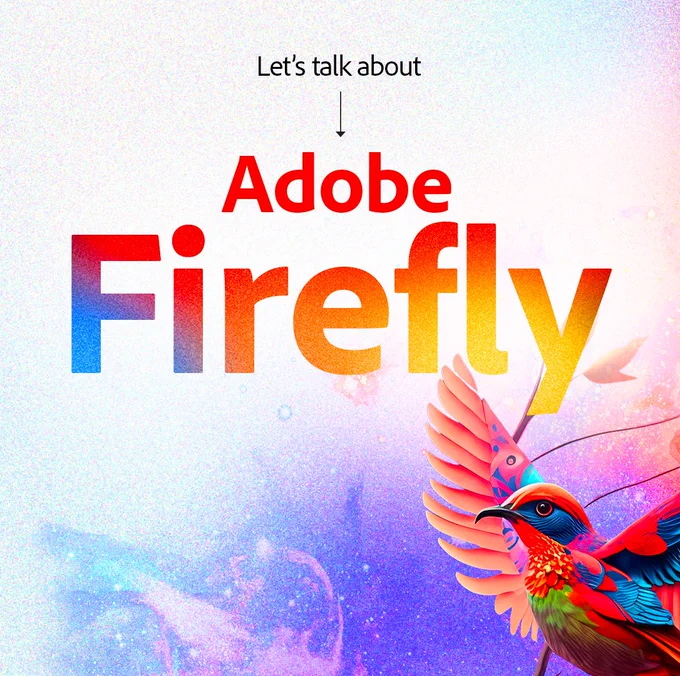 Illustration of a brightly colored bird, generated in AI art generator Adobe Firefly. In front of an artistic gradient background. Overlaid is the text "Let's talk about Adobe Firefly."