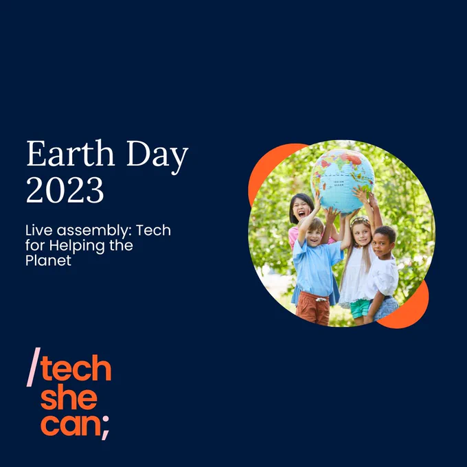 Four young children holding a globe to promote a live assembly for Earth Day 2023 