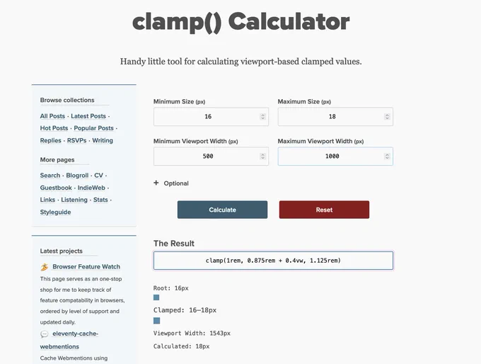 A clamp() calculator where you input minimum, maximum size in pixels, minimum  and maxiumi viewport width in pixels) and get your CSS clamp values