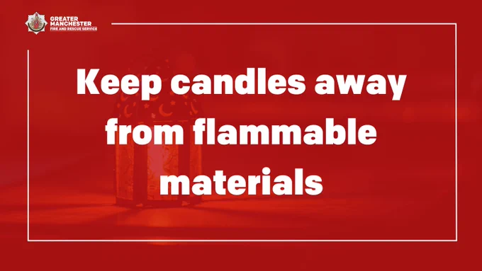 Lit candle in lantern. Graphic text reads, 'Keep candles away from flammable materials.'
