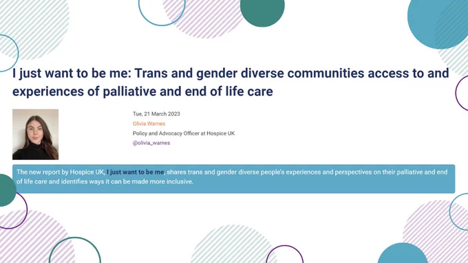 An image of Olivia Warnes to the left, and an introduction to the blog in a blue rectangle pictured in the centre, with purple, green and blue rings and circles around the edge.