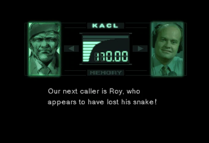 Against a black background is what appears to be a digital radio conversation between two people. On either side are the callers portraits, and between them, numbers reading 170.00 next to reception bars. Above, the letters K A C L, and below, thr word 'Memory'. The left porttrait shows an army general of some sort, and the right shows Frasier Crane wearing his headset. Below, words read "Our next caller is Roy, who appears to have lost his snake!"

"Adept call-screening as usual, Roz..."
