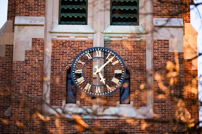 Clockface on the facade of Beaumont Tower.