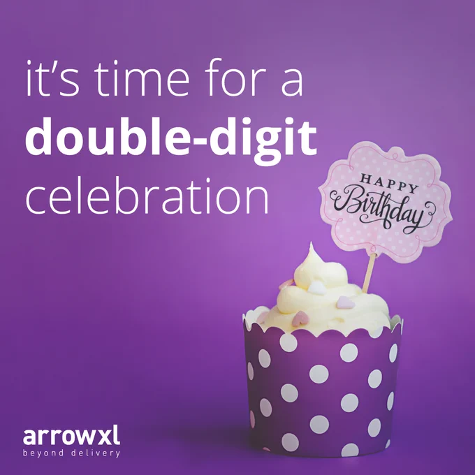 Image: a creamy cupcake in a white and purple polkadot case with sprinkles. A happy birthday sign on top. Text: it's time for a double-digit celebration
