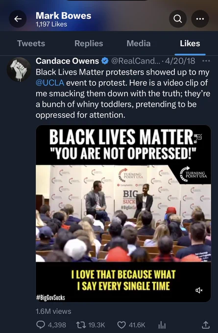 Candace Owens © @RealCand... 4/20/18
Black Lives Matter protesters showed up to my
@UCLA event to protest. Here is a video clip of me smacking them down with the truth; they're a bunch of whiny toddlers, pretending to be oppressed for attention. Pictured is a panel and #biggovsucks