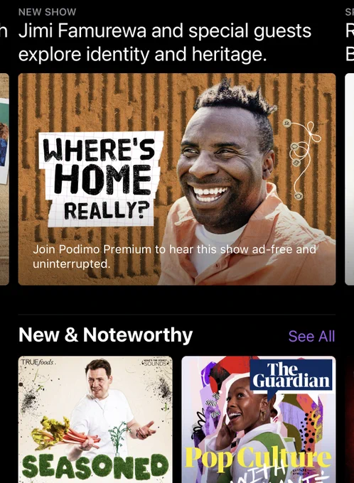 A screenshot of Apple Podcasts browse page with the Where's Home Really? artwork featuring at the top. The caption says 'New show, Jimi Famurewa and special guests explore identity and heritage.'