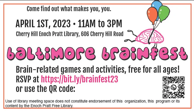Flyer regarding baltimore brainfest including date, location, RSVP information 
