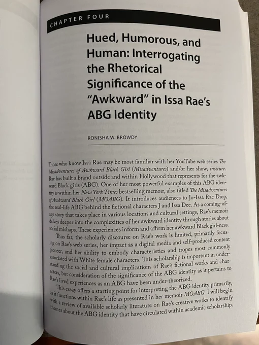 Image of the first page of Ronisha Browdy’s chapter, Hued, Humorous and Human: Interrogating the Rhetorical Significance of the ‘Awkward’ in Issa Rae’s ABG Identity.”