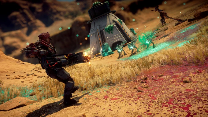 A person firing a minigun at mutated raptors in front of a space station's drop pod in a savanna environment.