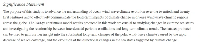 Screenshot of JCLI significance statement for "140 Years of Global Ocean Wind-Wave Climate Derived from CMIP6 ACCESS-CM2 and EC-Earth3 GCMs: Global Trends, Regional Changes, and Future Projections."