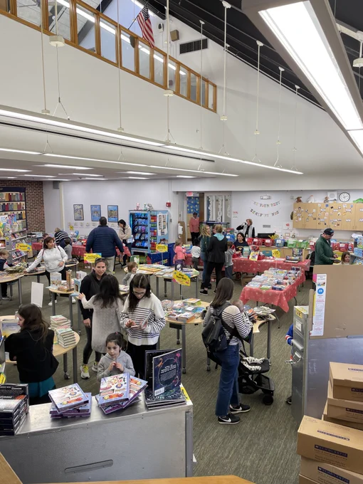 Overhead view of students shopping at the Book Fair!