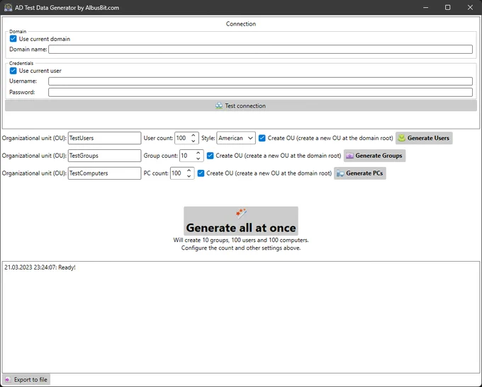 Active Directory Test Data Generator User Interface