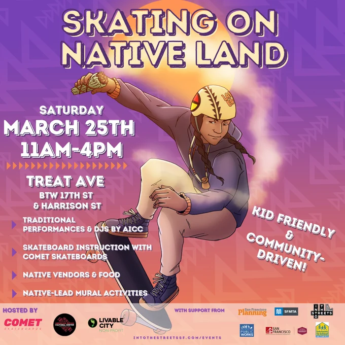 Skating on Native Land flyer. Event is March 25, 2023, 11am-4pm