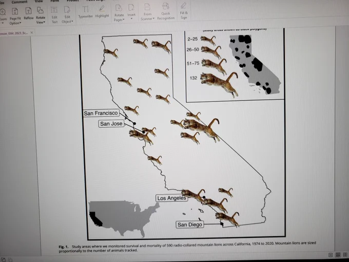 A two part figure showing locations of study areas in California. Different sized pumas on the map are used to show location and sample size.