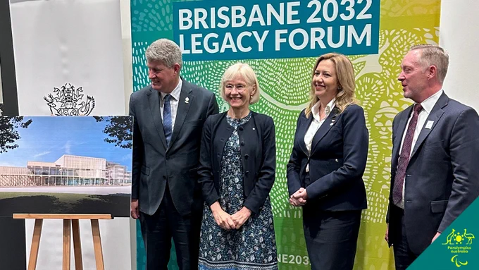 From left to right: Stirling Hinchliffe, Minister for Tourism, Innovation and Sport and Minister Assisting the Premier on Olympics and Paralympics Sport and Engagement, Deborah Terry, Vice-Chancellor of University of Queensland, Annastacia Palaszczuk, Queensland Premier and Minister for the Olympic and Paralympic Games, Jock O’Callaghan, President of Paralympics Australia.