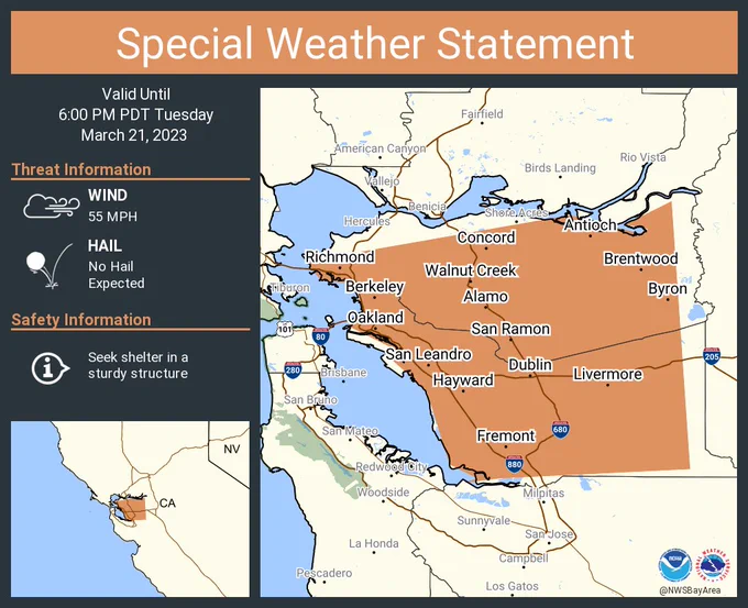 This graphic displays a special weather statement plotted on a map. The statement is in effect until 6:00 PM PDT.  The statement includes Oakland CA, Fremont CA and  Hayward CA.  Strong winds associated with the edge of a strong low pressure system will impact portions of Alameda and Contra Costa and northwestern Santa Clara Counties through 600 PM PDT. The threats associated with this storm are wind gusts up to 55 MPH and no hail is expected. Seek shelter in a sturdy structure until the storm passes.