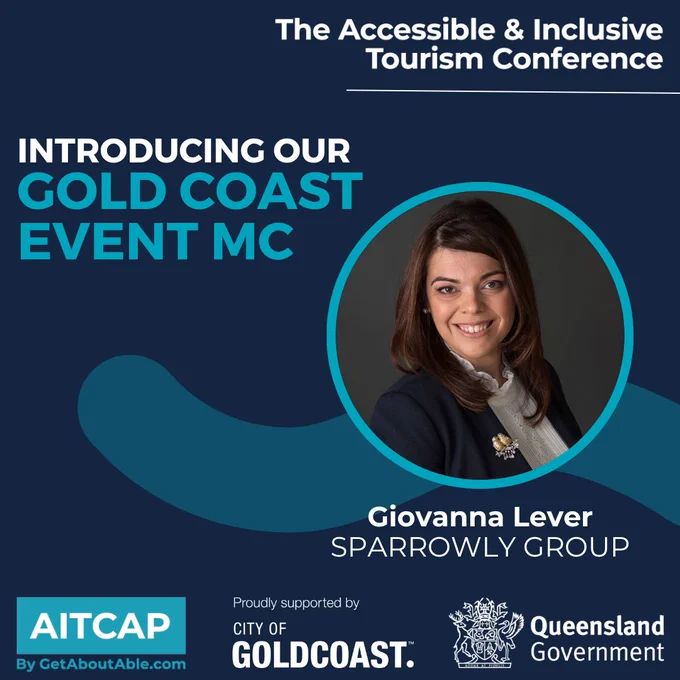Introducing our Gold Coast event MC, Giovanna Lever. A profile shot of Giovanna is in a circle to the right. The AITCAP logo, Queensland Government logo and Gold Coast logo on the bottom of the image.