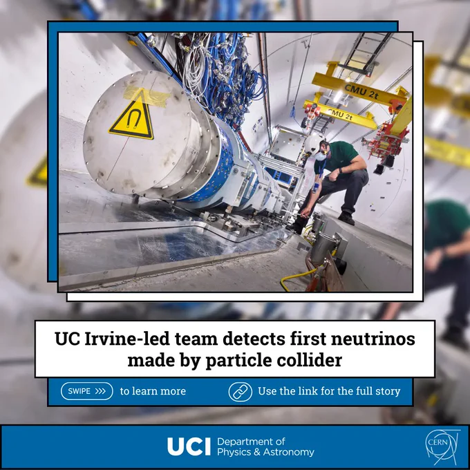 An image of the FASER particle detector, located deep underground at CERN’s Large Hadron Collider and built in large part out of spare parts from other experiments at CERN like ATLAS. Beneath the image, title text "UC Irvine-led team detects first neutrinos made by particle collider." Sub-title text beneath "SWIPE >>> to learn more" on the left and "Use the link for the full story" on the right, with a link-chain logo. The bottom of the image is a blue banner with the UCI Department of Physics & Astronomy logo in the center, and the CERN logo on the right.