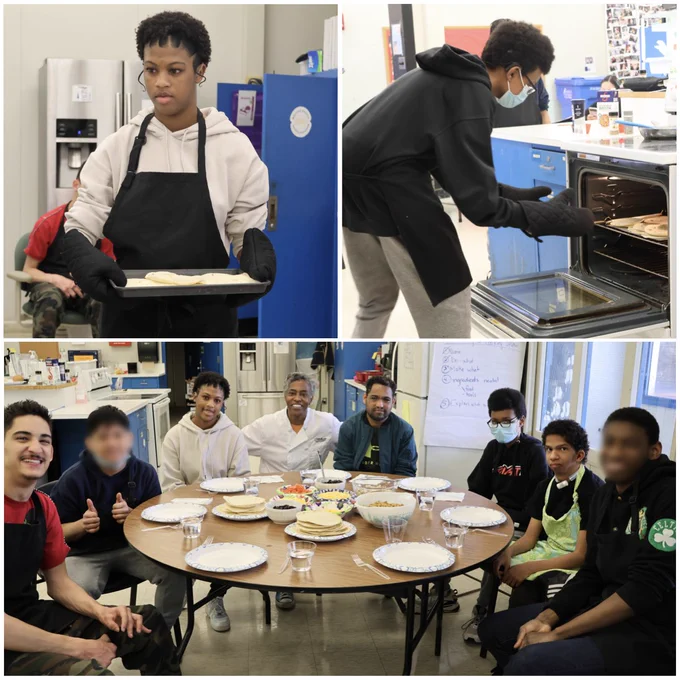 Collage of 3 photos. Top left: student is wearing an apron and oven mitts while walking in the kitchen carrying a hot baking sheet. Top right: Student bends over an open oven while wearing an apron and oven mitts retrieving a baking sheet. Bottom: Group of students with a culinary professional sit around a table while smiling and looking at the camera.