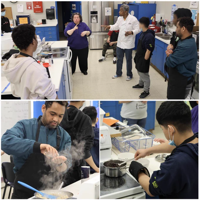 Collage of 3 photos. Top: Culinary professional is talking with HMS students standing around her while an ASL interpreter translates what she is communicating. Bottom left: Student stands in front of a stovetop with steam rising while pouring spices into his hand. Bottom right: Student stands in front of a stove mixing black beans cooking in a small pot.