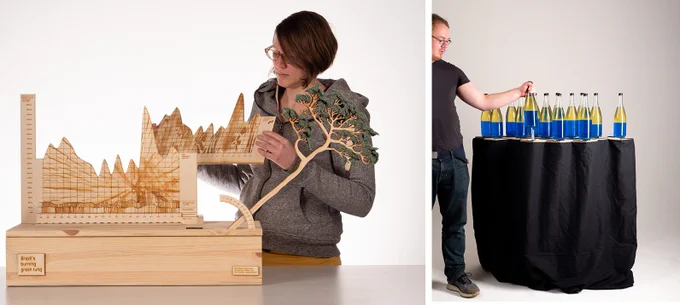 A woman looking at a physical data sculpture made out of wood and an actuated model tree (left). A man lifting a bottle filled with two liquids to reveal filled test tubes (right). Both are projects representing different data sets.
