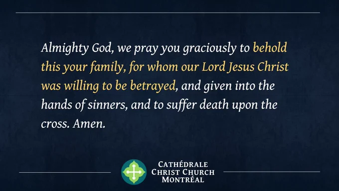 Almighty God, we pray you graciously to behold this your family, for whom our Lord Jesus Christ was willing to be betrayed, and given into the hands of sinners, and to suffer death upon the cross. Amen.
