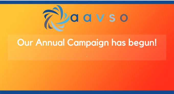 AAVSO swirly star with the letters A A V S O besides. Text reads Our Annual Campaign has begun!