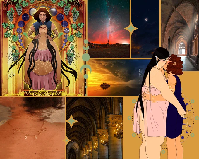 A moodboard featuring art of a fat, black haired woman in a pink slip embracing a shorter woman in dark blue, one framed by grapevines and moons, surrounded by images of pink-streaked cloudy skies, gothic architecture, and lunar symbolism. 
