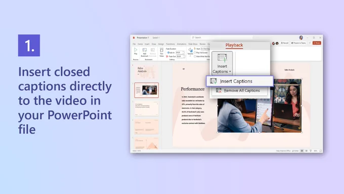 Text reads "1. Insert closed captions directly to the video in your PowerPoint file." PowerPoint U I settings to insert captions.