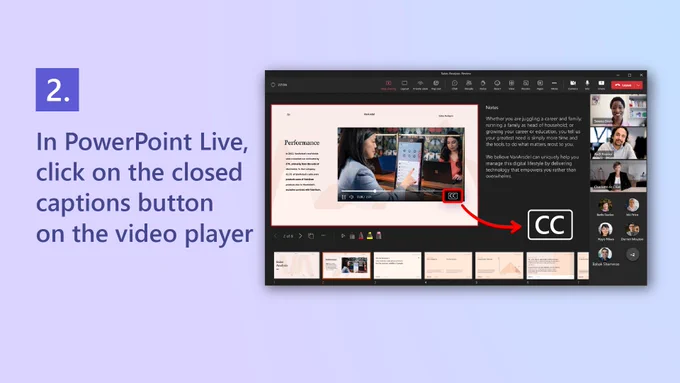 Text reads "2. In PowerPoint Live, click on the closed captions button on the video player." Closed captions button in PowerPoint Live.