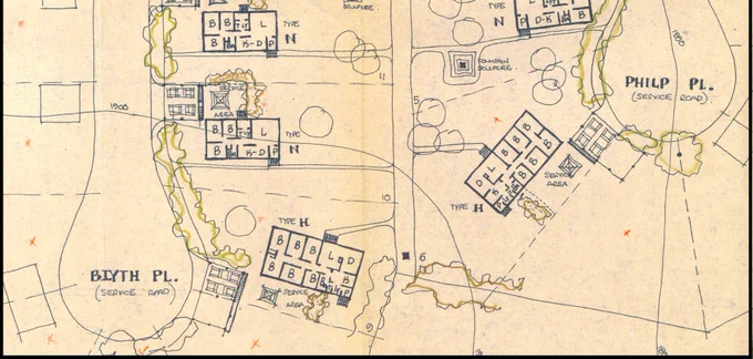 Blyth and Philip Places showing house sitings, internal plans, placing of carports and Hills Hoists