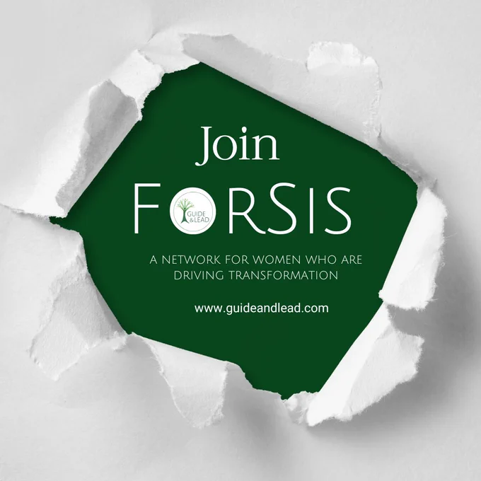 A picture of a white torn open paper with text in the opening: Join ForSis, A network dedicated to women who drive transformation. www.guideandlead.com