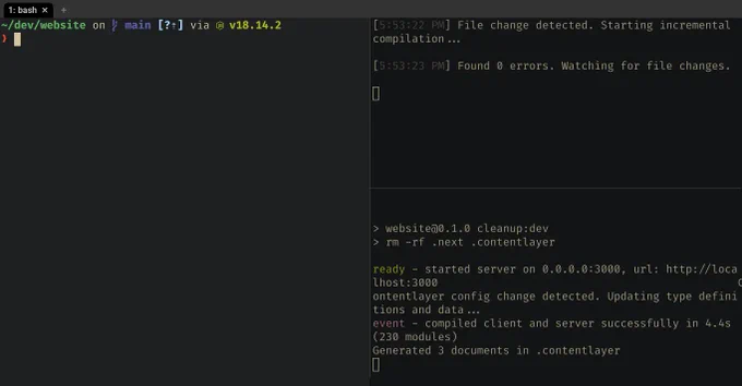 A WezTerm terminal emulator window configured for developing my website