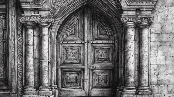 the door of a castle, drawn by hand in pencil, intricate, ornate, midieval --ar 16:9 --stylize 1000 --q 2 --v 5