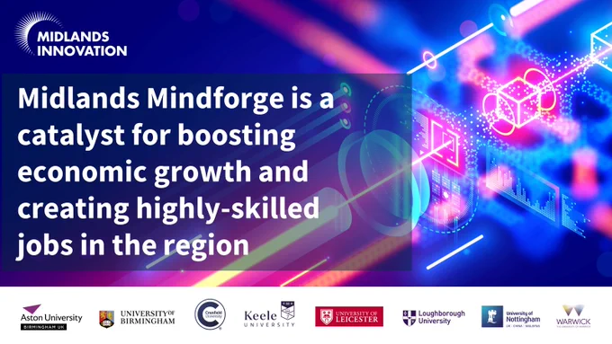 Quantum computing graphic which reads: Midlands Mindforge is a catalyst for boosting economic growth and creating highly-skilled jobs in the region