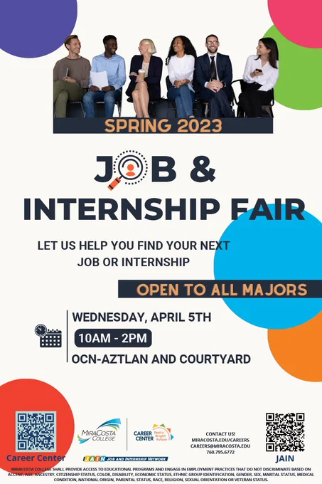 EVENTS THIS WEEK: Wed. 5/5, 10A-2P at Oceanside Campus Aztlan in Bldg 3400: Career Center's Job and Internship Fair - Open to all majors! See on-campus resources! https://miracosta.edu/student-services/career-center/news-events.html #MiraCosta #Jobfair #internships 