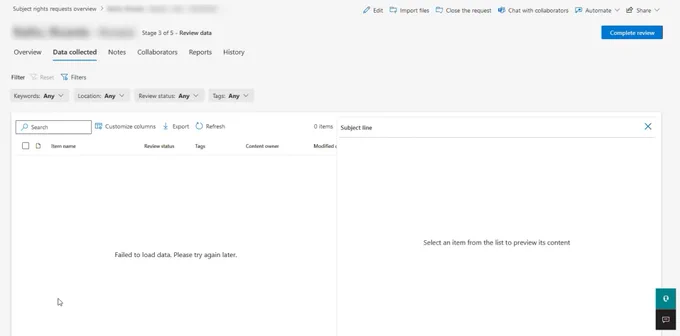 Microsoft Priva error message "Failed to load data. Please try again later."