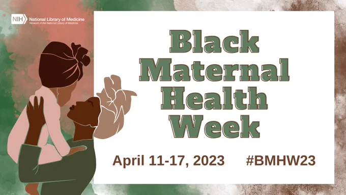 Stylized graphic of mother holding up a baby in hues of pink, yellow, and brown. Promoting an NNLM lecture - The Past: History of Black Maternal Health. April 11, 2023 #BMHW23