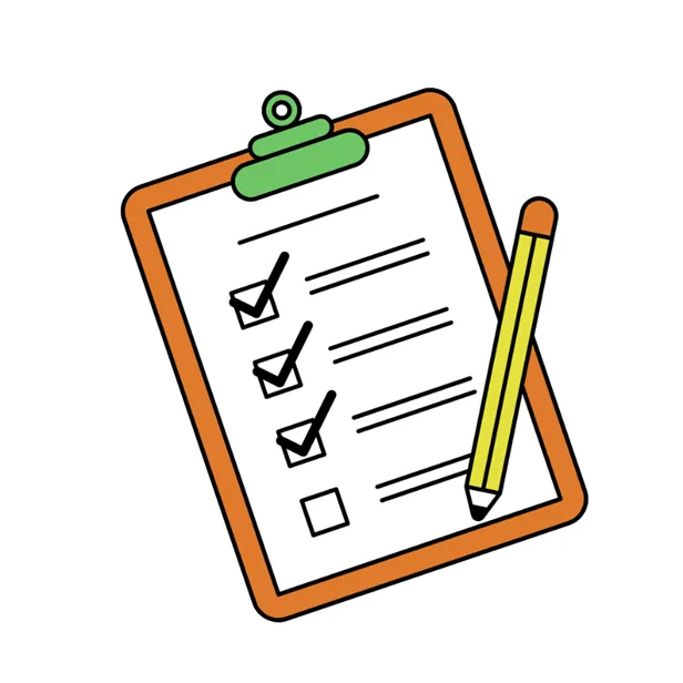 A brown clipboard with a green clip holding a sheet of white paper. Paper shows a column of 4 boxes with lines to the side of them signifying text. The top 3 boxes are ticked. There is a yellow pencil with a brown end lying across the bottom right corner of the clipboard.