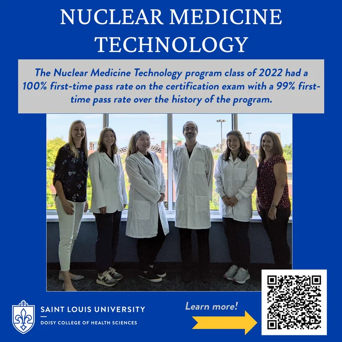 The Nuclear Medicine Technology program class of 2022 had a 100% first-time pass rate on the certification exam with a 99% first-time pass rate over the history of the program. 
