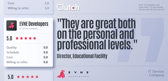 For us, nothing is better than to cooperate business with you and at the same time to stay a reliable team for you. 
We highly value your product and try to find the most suitable digital solutions for it. And, for sure, nobody forgets to have a conversation or to joke during meetings. We are all people after all 😀

And because of this attitude here is EVNE Developers new review on Clutch!