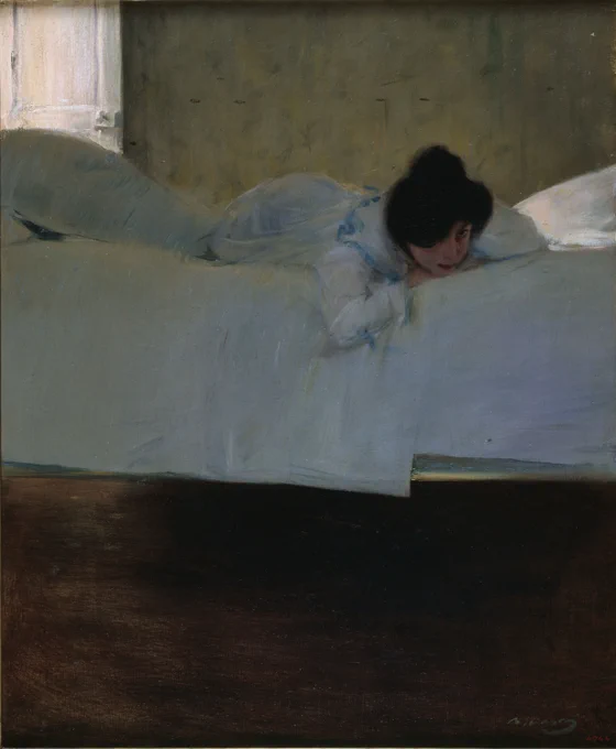 Oil painting displaying a woman wearing a white dress laying on a bed with white sheets