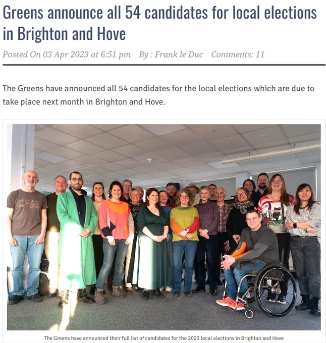 Screenshot of Brighton & Hove News story titled "Greens announce all 54 candidates for local elections in Brighton and Hove" above group picture of the candidates.