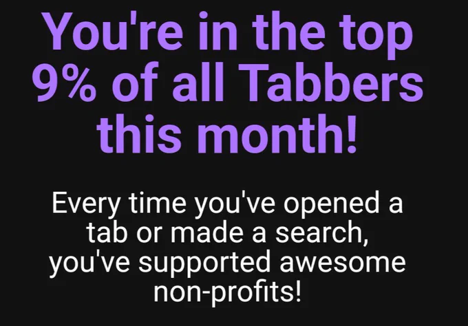 You're in the top 9% of all Tabbers this month! Every time you've opened a tab or made a search, you've supported awesome non-profits!