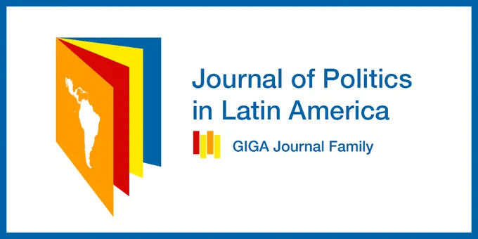 The visual for the GIGA Journal of Politics in Latin America shows a book with four pages, an orange, a red, a yellow and a blue one. The first page shows the map of Latin America. Next to the book it shows the logo of the GIGA Journal family.