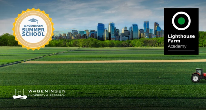 Photo of an agricultural landscape in front of a skyline of a big city