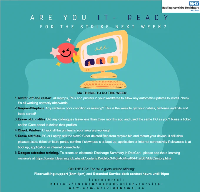 Leaflet with the six actions outlined in this thread - switch off and restart, request/replace cables, erase old profiles, check printers, erase old files, docgen refresher training. Includes caricature of a computer and a happy face with thumbs up against a green backgroun. 